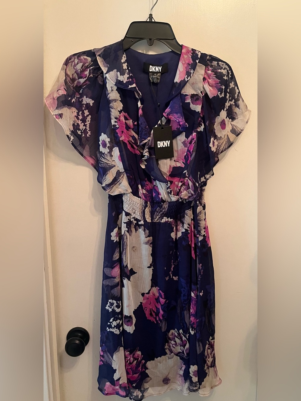 NWT—DKNY Navy Floral Ruffle Faux-Wrap Short Dress—Sz 6P